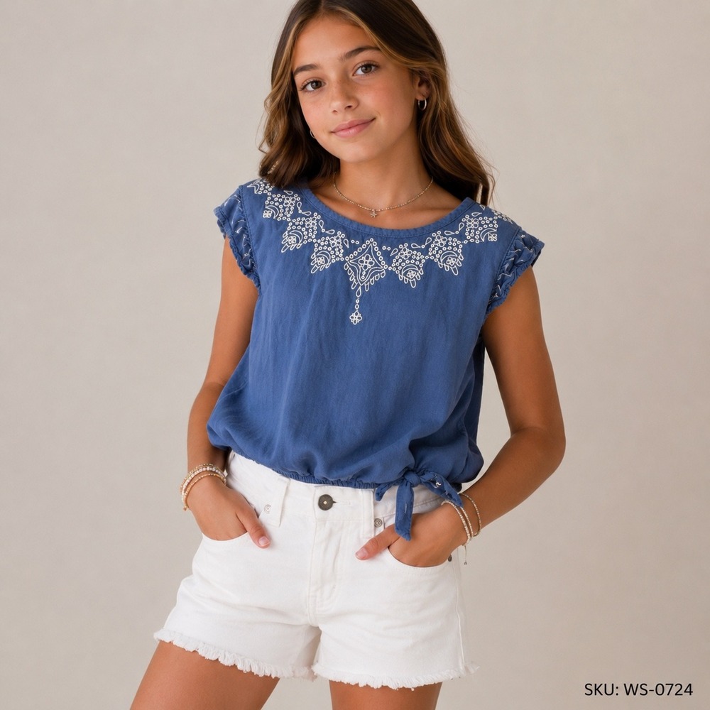 Levi's Girls Blue Embroidered Boho Flutter Sleeve Tie Hem Top Size Large WS-0724